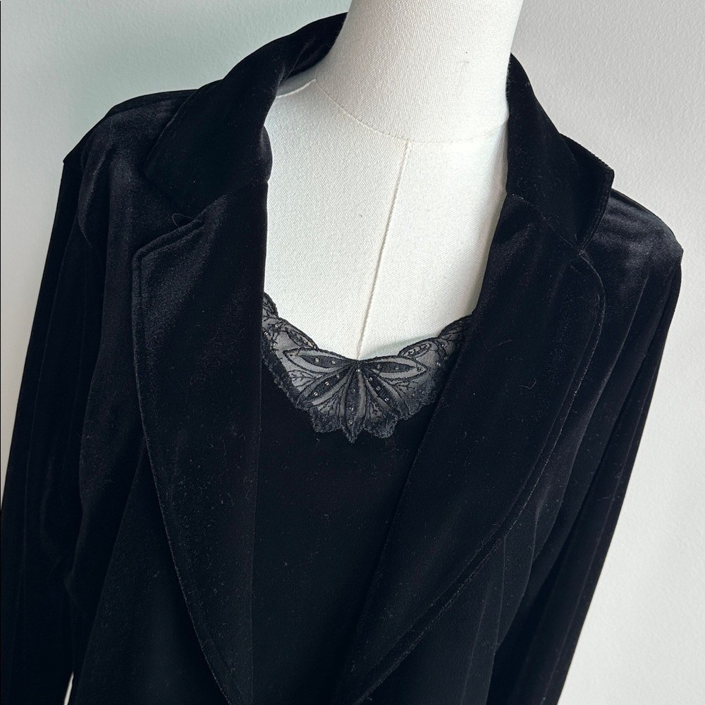 Vintage Neutral Black Velvet Lace Trim Whimsigoth Dark Romantic Tie Front Top L - Picture 2 of 9